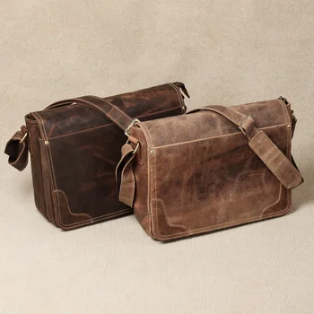 Vintage Genuine Crazy Horse Leather Brown Leather Weekend Bag Shoulder Men's Messenger Bag laptops
