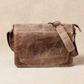 Vintage Genuine Crazy Horse Leather Brown Leather Weekend Bag Shoulder Men's Messenger Bag laptops