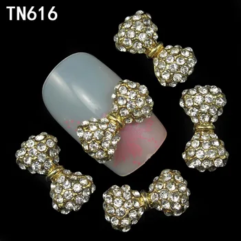 10 Pcs/Lot Clear AB Colorful Rhinestones For Nails Gold Silver 3D Alloy Butterfly Bow Tie Nail Art Decorations TN612-622
