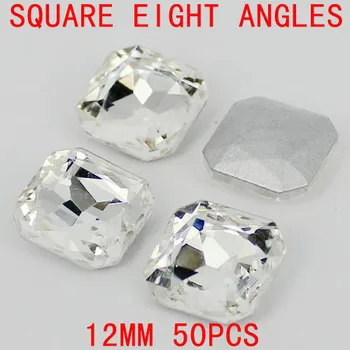Square With 8 Angles Crystal Clear Stones Glass Material Beads Silver Foil Pointback For 3D Nail Art Jewelry Glitter Decorations