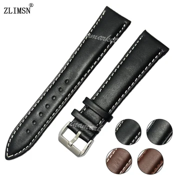 ZLIMSN Watch Strap 18mm 20 22 23 24mm Brown Black Real Leather Watchbands Stainless Steel Silver Metal Buckle Accessories