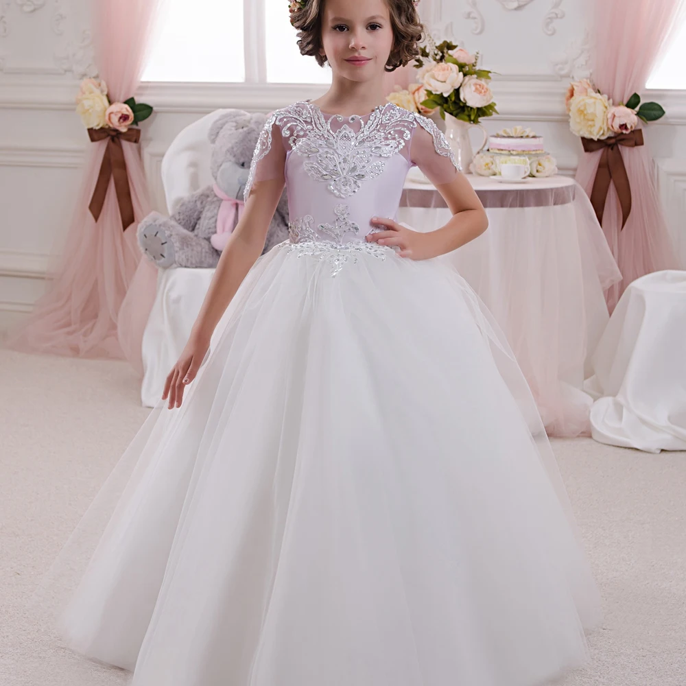 Hot First Communion Dresses for Girls Formal Lace Ball Gown Short Sleeves Patchwork O-Neck New Princess Pageant Dress