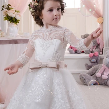 Flower Girl Dresses for Weddings White Long Sleeves High Neck Back Button A-Line Bow Sashes 2016 Sweet First Communion Dresses
