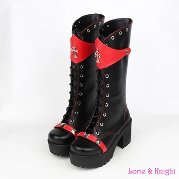 Japanese Harajuku Classic Black and Red Gothic Punk Lolita Cosplay Boots Thick Platform Lace Up Rivet Boots