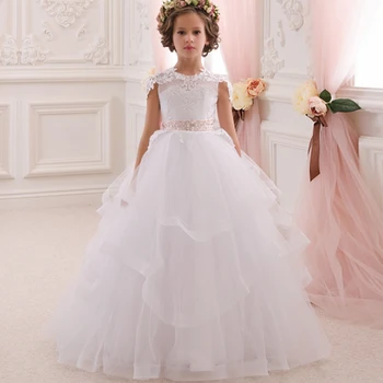 HOt Long Communion Dresses Appliques Crew Neck Sleeveless Ball Gown Back V Button Flower Girl Dresses for Wedding with Bow Sash