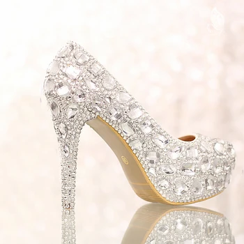 Luxury Crystals Silver Wedding Shoes High Heel Bridal Shoe with Platform Anniversary Party Nightclub Prom Shoes