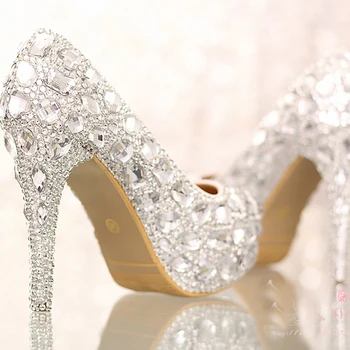 Luxury Crystals Silver Wedding Shoes High Heel Bridal Shoe with Platform Anniversary Party Nightclub Prom Shoes