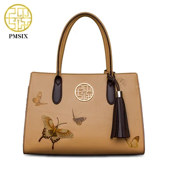 PMSIX Embroidery Butterfly Women Bag Cattle Split Leather Tassel Ladies Retro Tote Bag Designer Handbag P120031