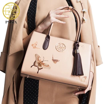 PMSIX Embroidery Butterfly Women Bag Cattle Split Leather Tassel Ladies Retro Tote Bag Designer Handbag P120031
