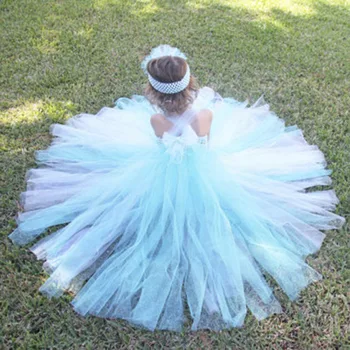 Cute Princess Elsa Inspired Girl Dress Match Headband Baby Girls Tutu Dress For Party Teenagers 2-12Y Girl Cosplay Dress PT212