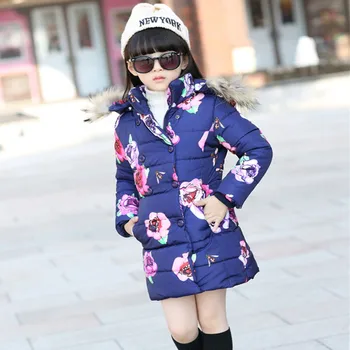 2016 Brand Girls Down Jackets Long Thick Children Print Flower Coat Kid School Fur Collar Thick Keep Warm Christmas Outerwear