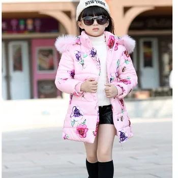 2016 Brand Girls Down Jackets Long Thick Children Print Flower Coat Kid School Fur Collar Thick Keep Warm Christmas Outerwear