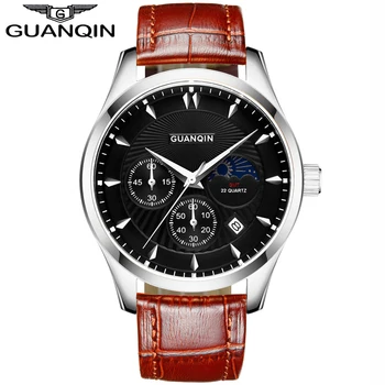 Luxury Brand GUANQIN 2017 Male Time Hour Relogio Masculino Watch Men Fashion Quartz Watches Leather Male Waterproof Clock Black