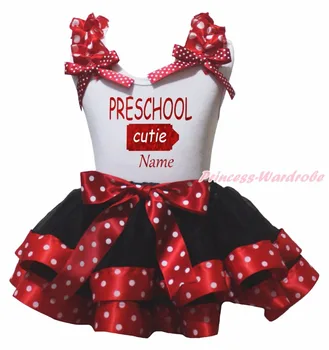Personalize PRESCHOOL CUTIE White Top Dots Red Black Satin Trim Skirt NB-8Y