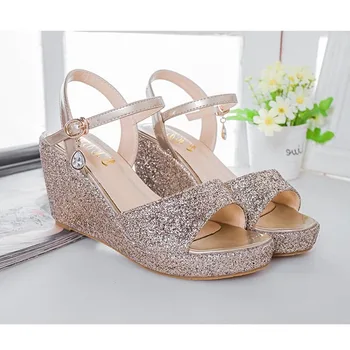 2017 Size 30-43 Fashion Gold Silver Sexy Women Wedges Sandals High Heels Ladies Pumps Shoes Woman Summer Style Chaussure Femme
