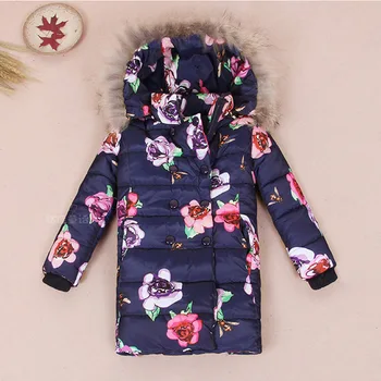 Children girls winter jacket long section floral printed down parkas hooded cotton padded down jacket warm kids outerwear coat