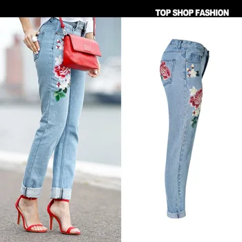 2017 spring new Women sweet floral embroidery pastoralism denim jeans pockets ankle length pants ladies casual trouse TOP118