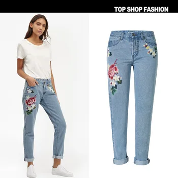 2017 spring new Women sweet floral embroidery pastoralism denim jeans pockets ankle length pants ladies casual trouse TOP118
