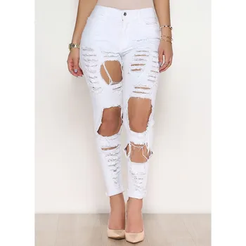 PADAUNGY Torn Jeans With High Waist White Black Jeggings Ripped Pencil Pants Holes Denim Trousers Slim Fit Pantalon Jean Femme