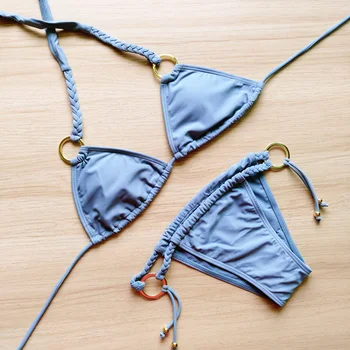 2017 Classic Gray Sexy Thong Bikini Set Metal Ring Crochet String Swimming Suit Seaside Biquini Vacation Low Waist Swimsuit