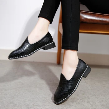 COOTELILI 35-39 Spring Casual Flats Women Shoes Solid Crystal Decoration Low-Heels Girls Loafers Crocodile Pattern Ladies Shoes