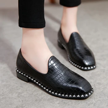 COOTELILI 35-39 Spring Casual Flats Women Shoes Solid Crystal Decoration Low-Heels Girls Loafers Crocodile Pattern Ladies Shoes