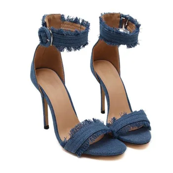 Women Summer Shoes Gladiator High Heel Sandals Fashion Brand Denim Buckle Strap Sandlias Blue black Sexy Ladies Shoes