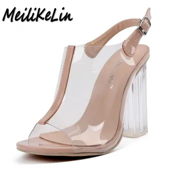 MeiliKeLin new women peep toe sandals ladies PVC thick high heels shoes woman Crystal Clear Transparent strap party star shoes