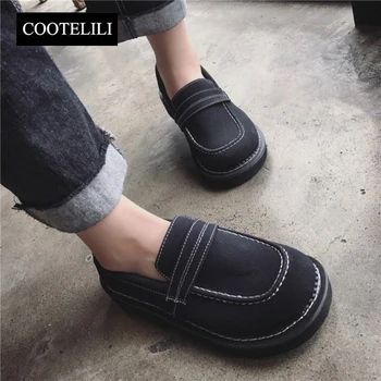COOTELILI 35-39 Spring Casual Flats Women Shoes Solid Round Walking Ladies Shoes Shallow Slip-On Leisure British Style Loafers