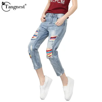 TANGNEST Female Summer Jeans 2017 Plus Size Hole Slim Ankle Length Pants Women Vintage Fashion Denim Pants WKN501
