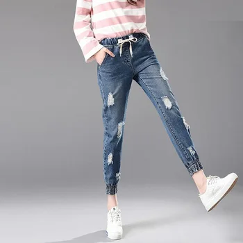 TANGNEST Women Fashion Summer Jeans Plus Size Hole Slim Ankle Length Drawstring Pants 2017 Female Summer Vintage Pants WKN499