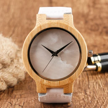 Cool Marble Pattern Dial Design Wood Watches Light Hand-made Wooden Quartz Wristwatches White Genuine Leather Band for Women Men