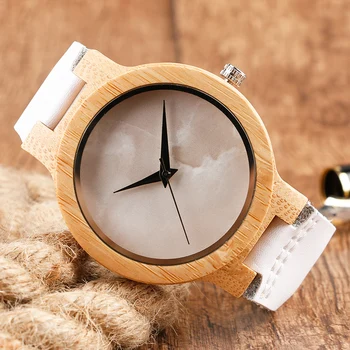 Cool Marble Pattern Dial Design Wood Watches Light Hand-made Wooden Quartz Wristwatches White Genuine Leather Band for Women Men