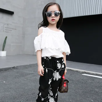 Little teenage girls clothing kids sets 2 pcs girls summer clothes sets outfits white t shirt tops chiffon flowers pants suits