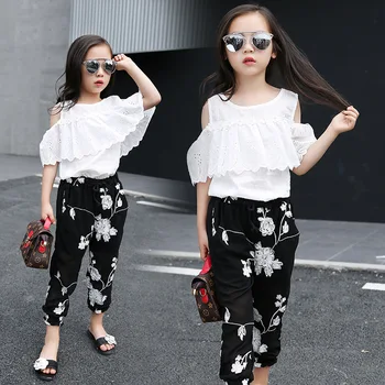 Little teenage girls clothing kids sets 2 pcs girls summer clothes sets outfits white t shirt tops chiffon flowers pants suits