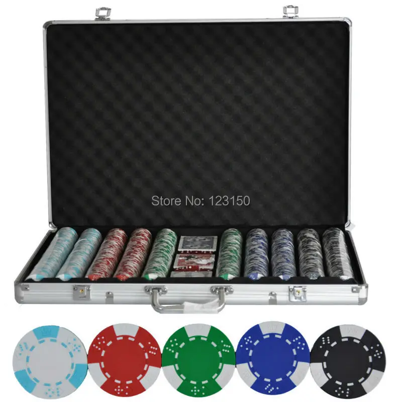 PK-5002 1000pcs chips with case, Clay 14g Poker Chips insert metal, five colors