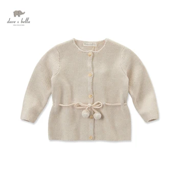 DB3718 dave bella autumn baby girls beige cardigan with adjustable wais girls simple sweater girls cardigan