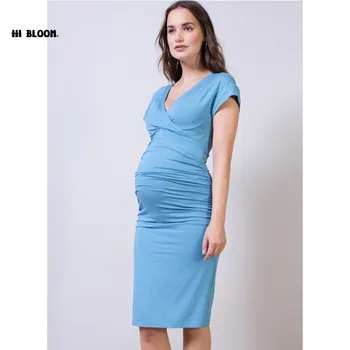 Easter Gift Maternity Clothes Knee-Length Dress for Pregnant Women Elegant Office Gown Pregnancy Blue Gray Elastic Lady Vestidos