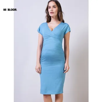 Easter Gift Maternity Clothes Knee-Length Dress for Pregnant Women Elegant Office Gown Pregnancy Blue Gray Elastic Lady Vestidos