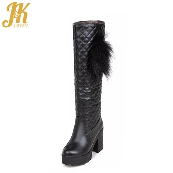 New Listed Female Knee High Boots With Fur Keep Warm Winter Boots Retro Thick High Heels Platform Shoes Woman Size 34-43