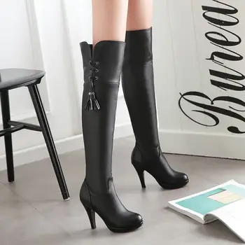 Big Size 34-43 Fashion 2017 Female High Heels Thigh High Boots Women Platform Slip On Shoes Woman Add Fur Fall Winter Boots