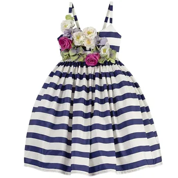 Princess Dress Girl 2016 Designer Girls Summer Dress Kids Costume Stripe Handmade Flowers Kids Dresses for Girls Clothes