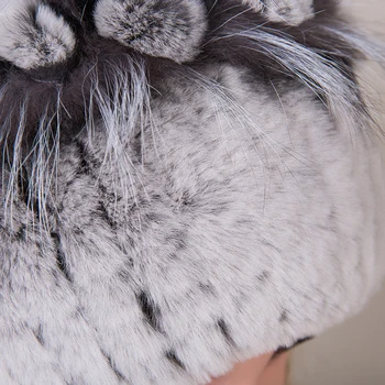 Women Fur Hat for Winter Genuine Rex Rabbit Fur Skullies with Silver Fox Fur Pom Poms Top Beanies Elastic Russian Fur Cap