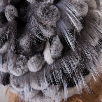 Women Fur Hat for Winter Genuine Rex Rabbit Fur Skullies with Silver Fox Fur Pom Poms Top Beanies Elastic Russian Fur Cap