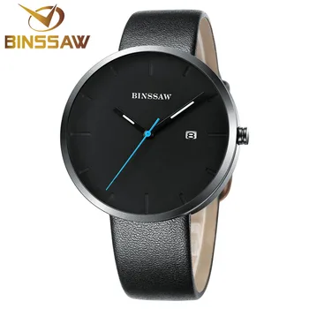 BINSSAW Fashion Black Watch Men Genuine Leather Calendar Sport Watches For Men Ultra Thin Wristwatch Mens Relogio Masculino