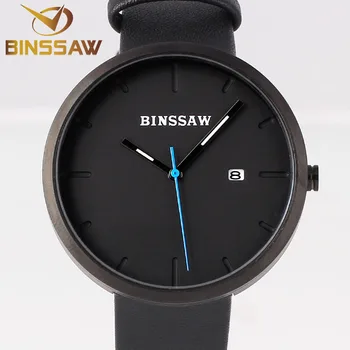 BINSSAW Fashion Black Watch Men Genuine Leather Calendar Sport Watches For Men Ultra Thin Wristwatch Mens Relogio Masculino