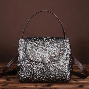 New Women Genuine Leather Handbags with Floral Pattern Women Shoulder Messenger Bags Embossed Flower Small Mini Bucket Flap Bag