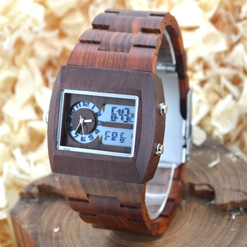 BEWELL Wood Watch Men Analog Quartz Watch Rectangle Wooden Wristwatch Dial Relogio LED Digital Watch Montre Homme With Box 021A