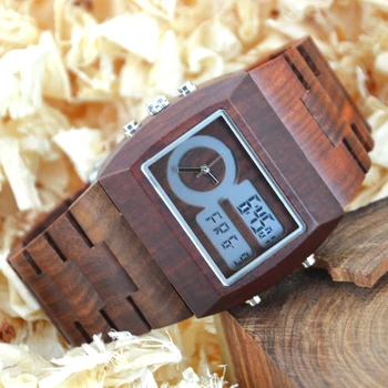 BEWELL Wood Watch Men Analog Quartz Watch Rectangle Wooden Wristwatch Dial Relogio LED Digital Watch Montre Homme With Box 021A