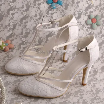 Custom Made High Heel T-strap Shoes Wedding Ivory Lace Bridal Shoes Summer